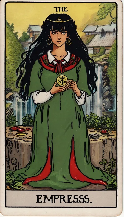 swholo sitting in the garden, "empress" text, black hair, lks73zb1, tarot card style , ((tarot card art)) that represents kagome...