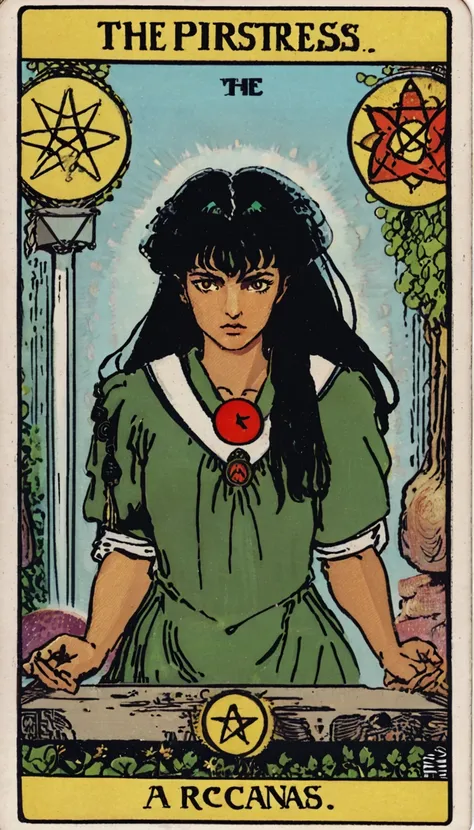 swholo sitting in the garden, "empress" text, black hair, lks73zb1, tarot card style , ((tarot card art)) that represents kagome...