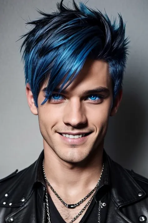 Hell Hades Junior, a handsome guy, sexly, blue colored eyes, blue hair mixed with black, black and blue punk rock clothes. ha um sorriso sedutor. ha .