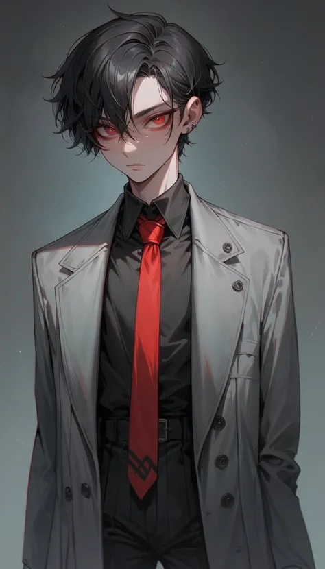 A thin, feminine-looking boy with black hair and red eyes, wearing a gray suit with a red tie,