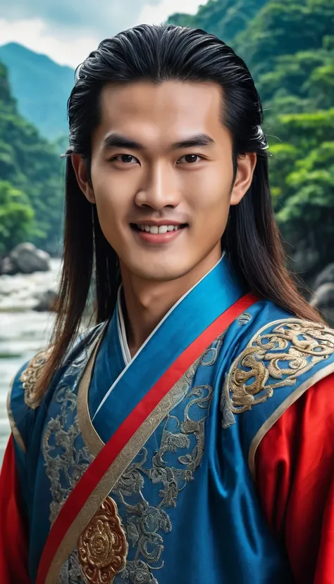 Character Lenh Ho Pulse, work Tieu Ngao Giang Ho by Kim Dung, China, ancient swordplay film. Panoramic photo, Handsome young man, long hair, brown skin, very handsome makeup, hair with spiritual accessories, wearing ancient Chinese costumes of blue and red...