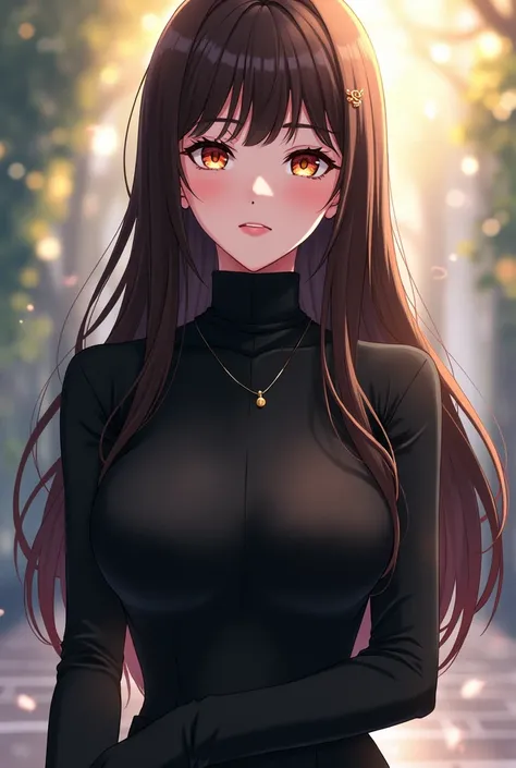 anime style,young adult woman, with the right eye red and the left eye yellow, narrow eyes, long hair and straight dark brown bangs, black elegant clothes.
has an elegant pose.
Whole body.