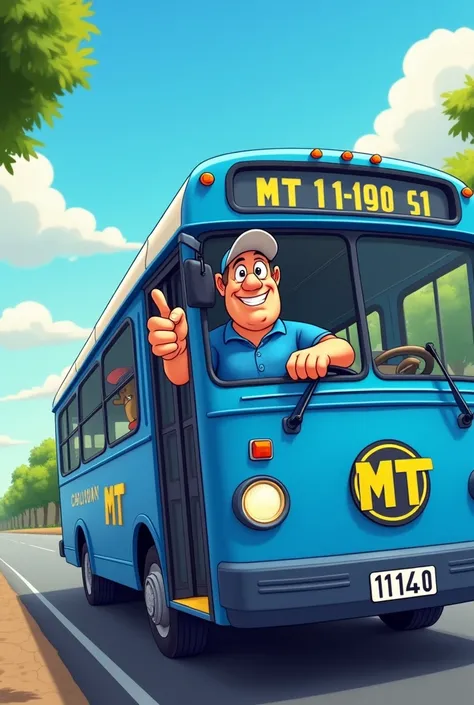 Image in cartoon format, man&#39;s, approximately 50 years, a little overweight, pointing forward , wearing a blue polo shirt, driving a blue bus, This bus says MT and the numbers 11.140.