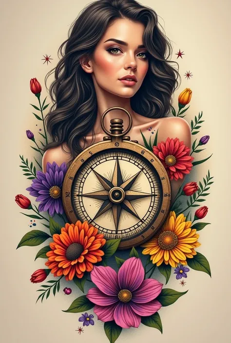 Compass and colorful flowers tattoo for women

