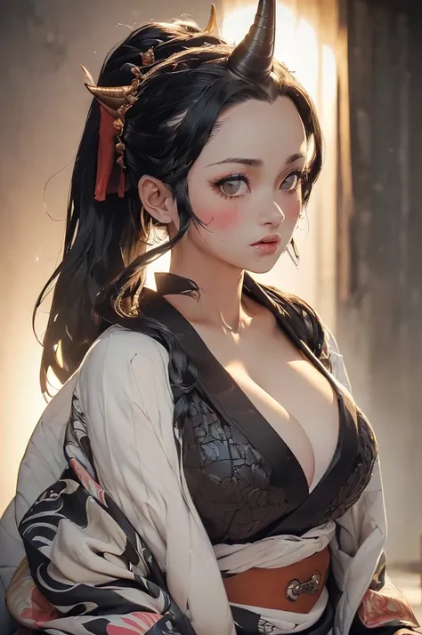 ((((High resolution, Intricate details, masterpiece, 8k, from front)))), (((beautiful, horn, kimono, knife))), ((One Woman, Angry, Glaring, sitting)), (Black Hair, Beautiful forehead, Long Hair, ponytail, Cleavage, Large Breasts, Huge Saggy Tits, belly but...