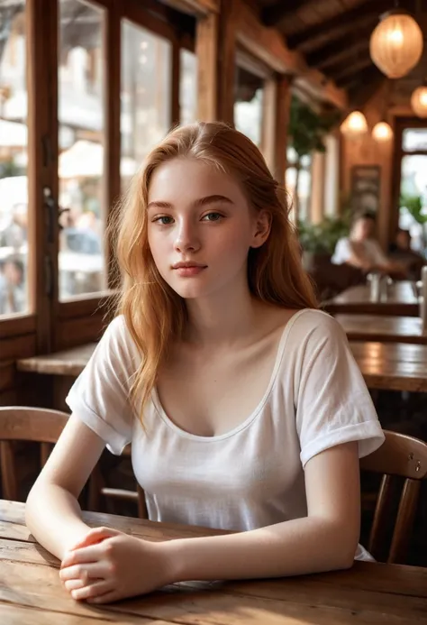 A photorealistic image of a beautiful 16-year-old girl, sitting at a rustic table in a cozy European-style cafe, wearing an oversized plain see-through white t-shirt and slacks. Her large breasts are subtly visible through the top, accentuated by soft natu...