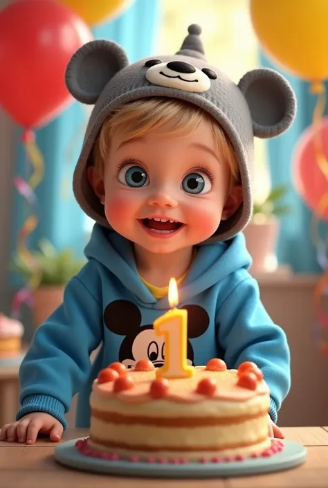 1 years old baby boy. He has light skin, short medium blond hair with bangs. Dark Blue eyes. He is smiling brightly. he is wearing a gray hat with bear face. He is wearing a blue hoodie with in mickey mouse aesthetics. He is celebrating  his first birthday...