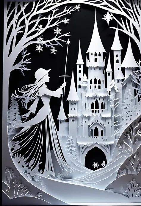 fusion of paper cutting and shadow puppetry, mix of monochrome and color, best quality, super fine, 16k, 2.5D, delicate and dynamic depiction, The snow witch is using magic to build an ice castle, shooting Icicle arrows, 