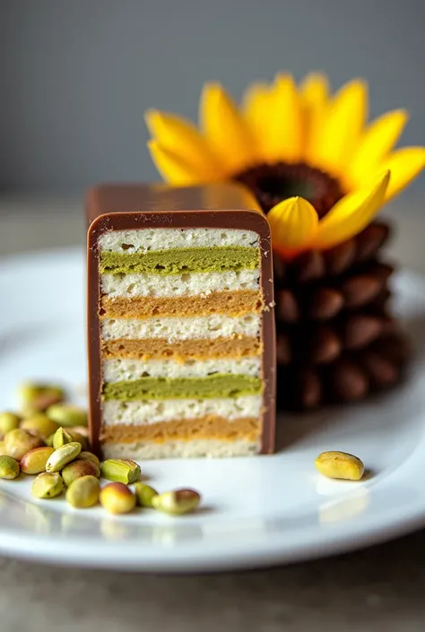 Plate containing a dessert, rectangular pavé on one side of the dish with six layers of white dough, interspersed with two layers of dulce de leche cream and two layers of pistachio cream, covered with a mirrored chocolate coating and with chopped pistachi...