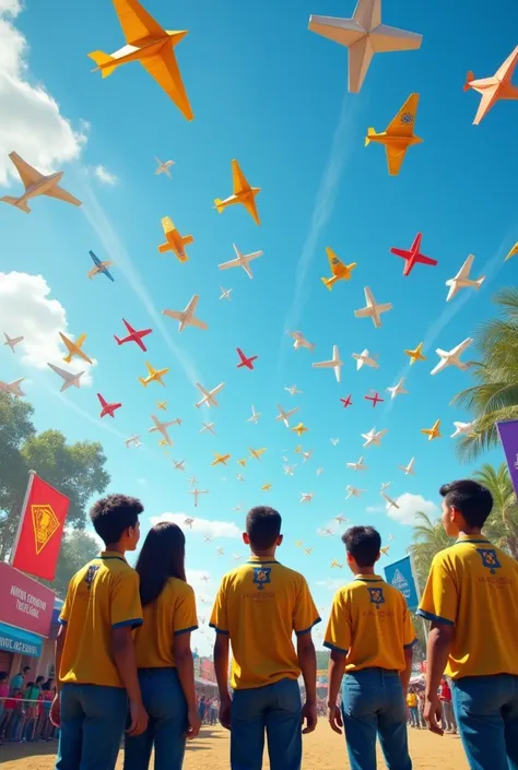 Create an image of a paper airplane competition team inspired by the Brazilian Air Force. The scene should show a group of excited and focused people, launching paper planes in an environment reminiscent of an aviation scene. Include elements such as flyin...