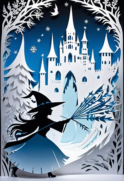 fusion of paper cutting and shadow puppetry, mix of monochrome and color, best quality, super fine, 16k, 2.5D, delicate and dynamic depiction, The snow witch is using magic to build an ice castle, shooting Icicle arrows, 