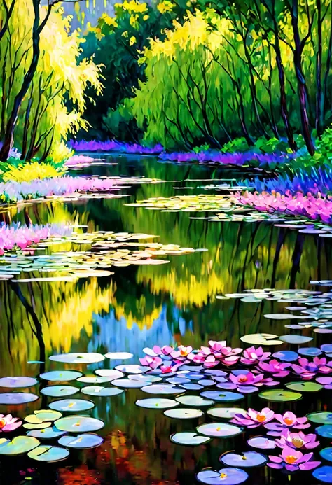 Generate a Claude Monet-inspired artistic concept that features breathtaking visual effects, incorporating Impressionist techniques and vibrant colors to evoke a sense of timeless serenity.