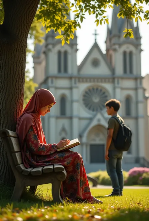 pic of Islamic girl sitting on bench and reading something with his guy in the front of church from backside 
