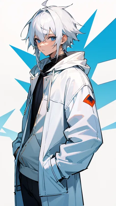 White Hair、White hoodie、A high school boy with untanned skin（An illustration）