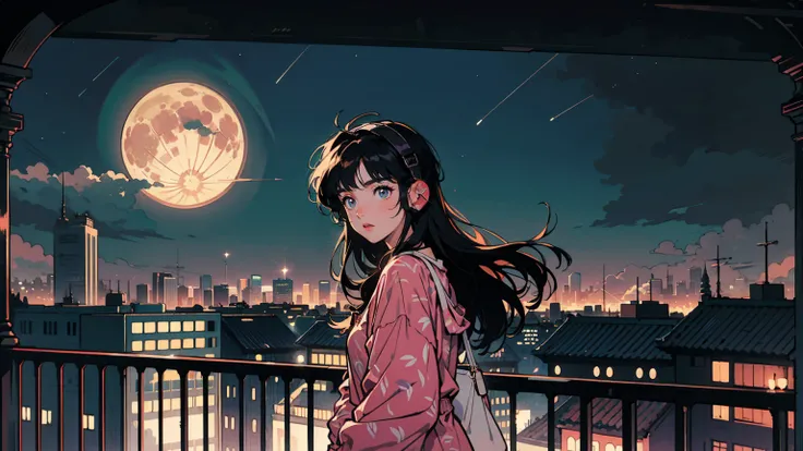 Anime style illustration of young woman on balcony at night. Full moon and starry sky, cityscape below with twinkling lights. The woman wearing pajamas with polka dot pattern. Wearing a big headphone and looking at viewers. Various colors in the image. Bal...