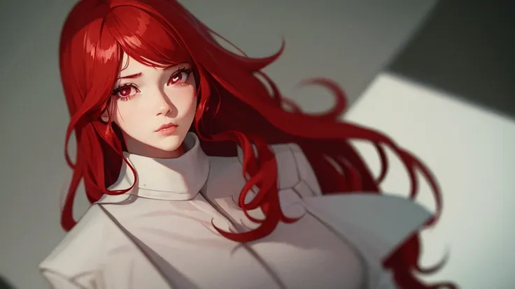 medium-shot angle, cyborg lady, wavy red hair, white suit, heavy rain, beautiful anamorphic lights, cinematic light, masterpiece...