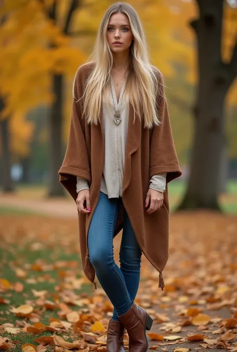 Create a realistic image of a 20 year old woman, Long blond hair, Blue eyes, cheekbones, ((full body)), dress with jeans, a brown colored poncho, brown colored boots, back image shot of a park in the fall season, head to toe, whole body