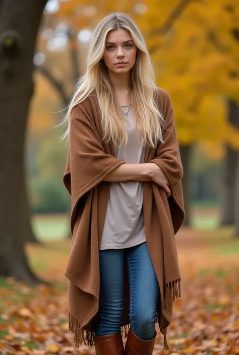 Create a realistic image of a 20 year old woman, Long blond hair, Blue eyes, cheekbones, ((full body)), dress with jeans, a brown colored poncho, brown colored boots, back image shot of a park in the fall season, head to toe, whole body