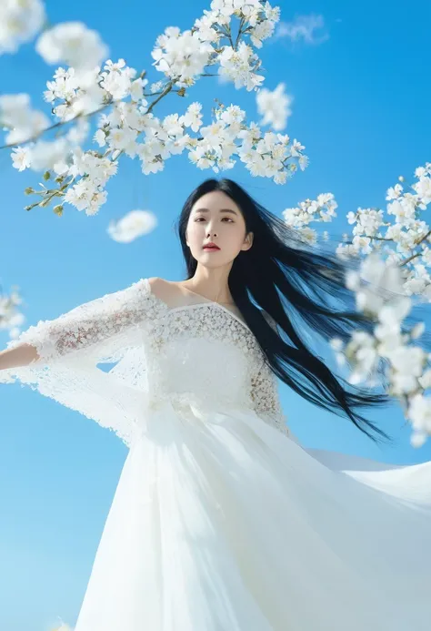 white长裙, white, white连衣裙, white连衣裙, black hair, flowers, blue sky, standing, sky, daytime, outdoor, long hair flying