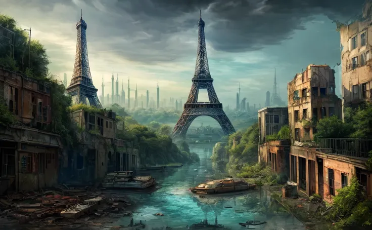 A post-apocalyptic landscape featuring a partially submerged Eiffel Tower, surrounded by water and overgrown with greenery. In the background, a cityscape shows crumbling buildings and distant landmarks, hinting at a once-thriving metropolis now reclaimed ...