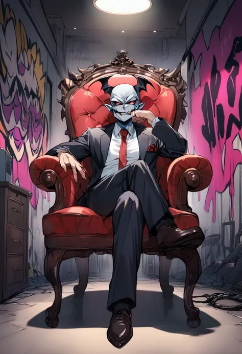 a boy,graffiti,demonic face, demonic background, Sitting in a vintage office chair , boss