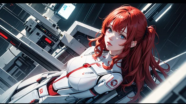 medium-shot angle, cyborg lady, wavy red hair, white mechanical suit, wired, mechanical human parts, heavy rain, beautiful anamorphic lights, cinematic light, masterpiece, 8k.