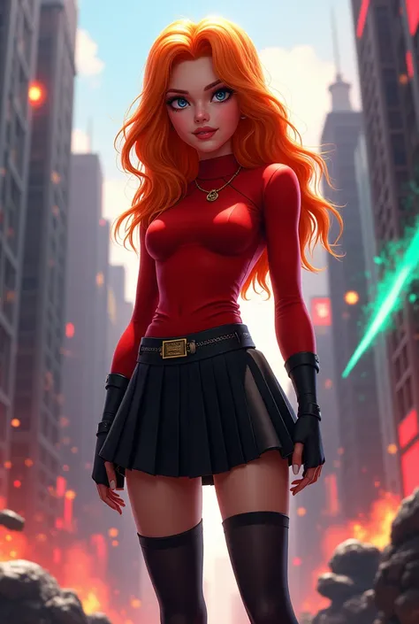 Dans la réalité, the ben 10 movie, Gwen Tennyson, orange hair, wears a red top, une jupe noire, black socks. super realistic (do not miss).