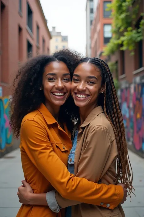 Two black women hugging happily. One appears from the front and the other from the back.  with a city background
