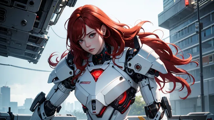  cyborg lady, wavy red hair, white mechanical suit, wired, mechanical human parts, heavy rain, beautiful anamorphic lights, cinematic light, masterpiece, 8k.