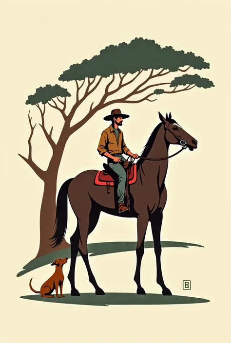 Logo of a man riding a horse in front of a farm to put on t-shirts, make it in 2d and without a background with a tree and a dog 