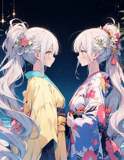 Twin sisters in yellow kimonos,Ultra-precision,4K,official,White Hair,Gazing at each other symmetrically,ephemeral,wonder,mysterious,Draw the whole body,