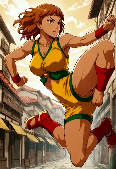 leona street fighter, jumping sideways, one leg raised with her knee hitting her belly, and the other leg stretched back,anime style.