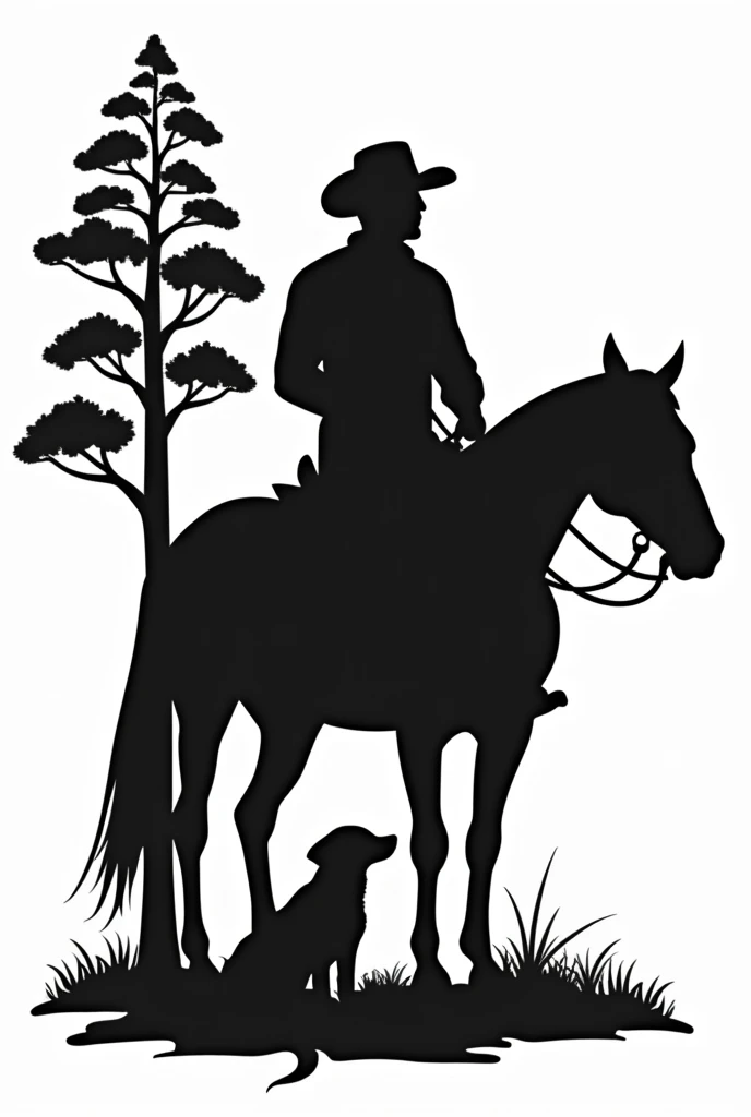 Logo of a man riding a horse in front of a farm to put on t-shirts, make it in 2d and without a background with a tree and a dog ,all black