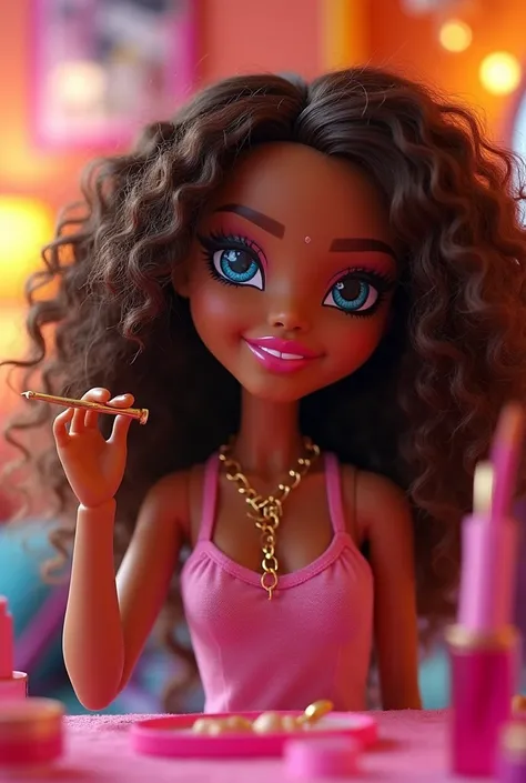 Bratz with brown curly hair, tez morena, blue eyes, with small tweezers in his hands