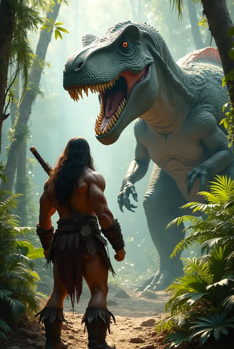 Conan the barbarian prepares to battle a dinosaur.