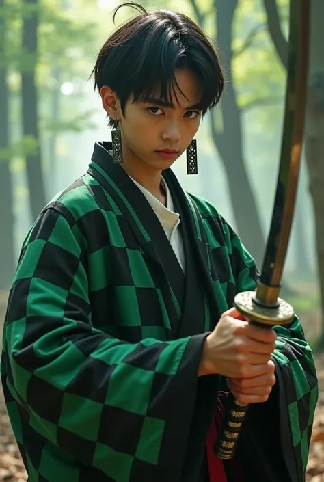 Demon Slayer live-action version of Tanjiro holding a sword in a green and black two-tone checked jacket。
Bruise on left forehead。
Rectangular earrings on both ears。
