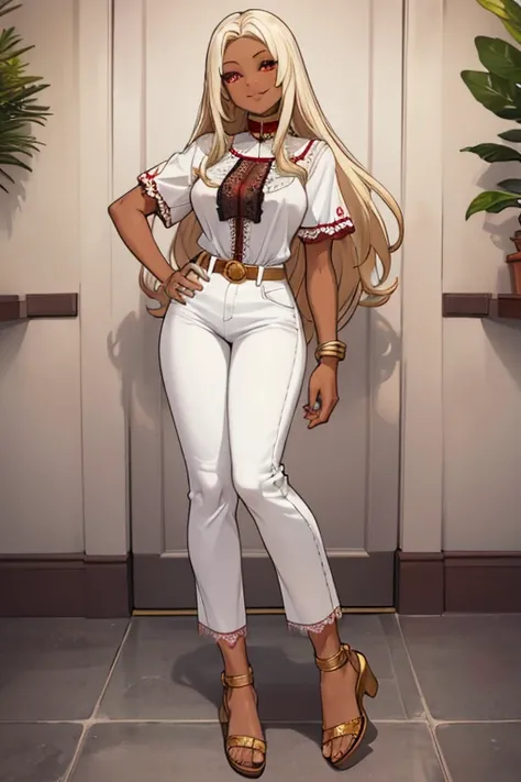 female, white long hair, red eyes, dark skin, (((1girl))), (((white short sleeve lace blouse))), (white denim pants), (gold low heel sandals), (gold belt), cute and sexy, full body, large breasts, long legs, smiling