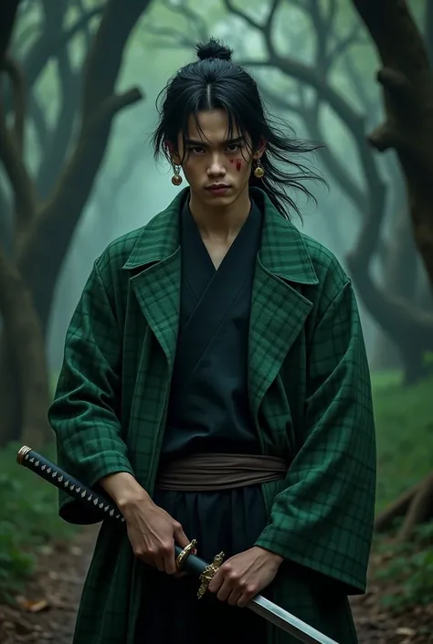 Demon Slayer live-action version of Tanjiro holding a sword in a green and black two-tone checked jacket。
Bruise on left forehead。
Rectangular earrings on both ears。
Cat&#39;s face and hands。