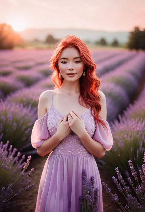 An Instagram model, with white skin, red hairs, standing elegantly in a lavender field at sunrise, wearing a soft pink dress that contrasts beautifully with the purple blooms. Her pose is relaxed, with her arms gently touching the flowers, her face lit wit...