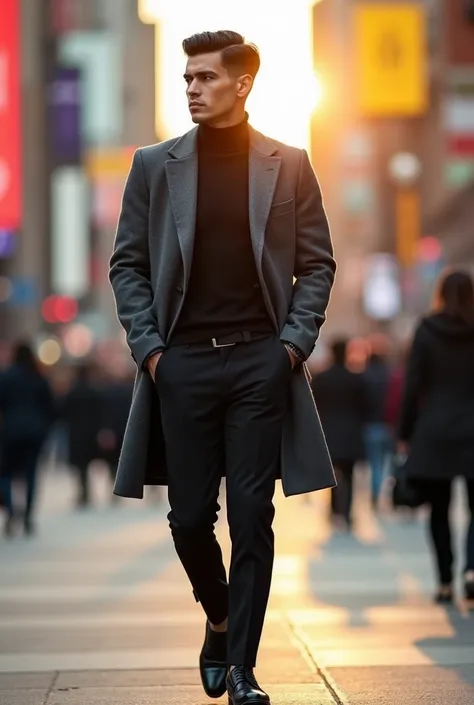 фото full length идущего по городу мужчины, Medium height, 35 years, black hair, Sports figure, broad shoulders, a neat stylish hairstyle, wide cheekbones, grey turtleneck coat, black dress pants, black short blazer, черный Classic Jacket, suit jacket, Cla...