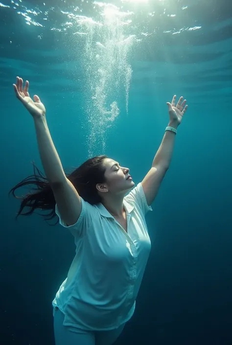 In the deep sea where only bubbles float、A plump 45-year-old aunt from Osaka，With eyes closed，Reach your arms out to the surface of the water，Take a deep breath.、Wearing a white shirt、Looking healthy、Her hair swayed like waves、