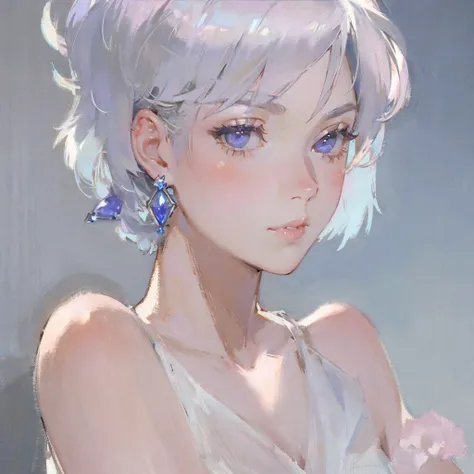 close-up shot of 1girl, light pink short hair, silver eyes, glossy lips, sapphire earrings, iper-realistic, masterpiece, cinematic lighting, best quality, anatomically perfect.
