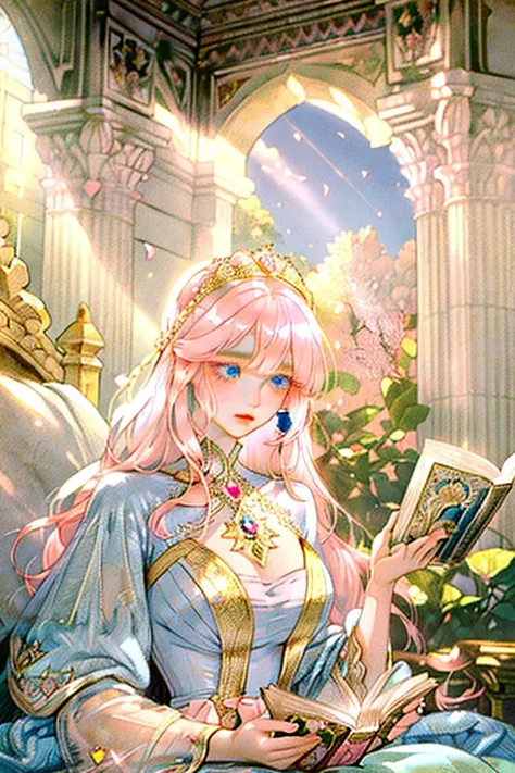 ((best quality)), ((masterpiece)), ((Romance Fantasy)), ((illustration)), (detailed), (clear), 1 woman, beautiful, pure, calm, long pink hair with bangs, white skin, Sapphire blue eyes, abundant eyelashes, Deep double eyelids, pretty lips, A gorgeous and r...