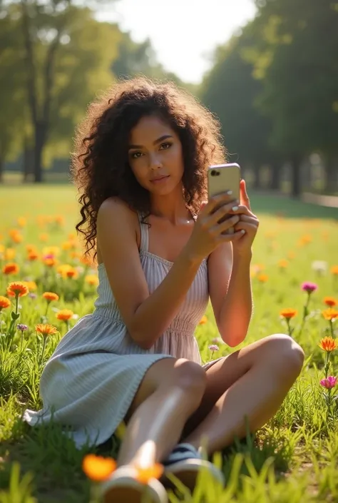 A brunette girl with curly hair and big breasts sits with her legs stretched out, taking a realistic photo