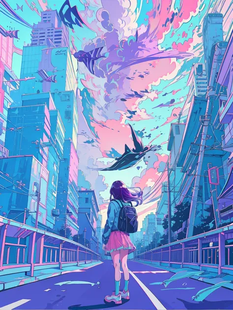 alone, lofi artstyle, lofi art, city, town, 80s anime style, Retro, Lo-Fi, masterpiece, best quality, (extremely detailed CG unity 8k wallpaper), (best quality), (best illustration), (best shadow), absurdres, realistic lighting, (Abyss), beautiful detailed...