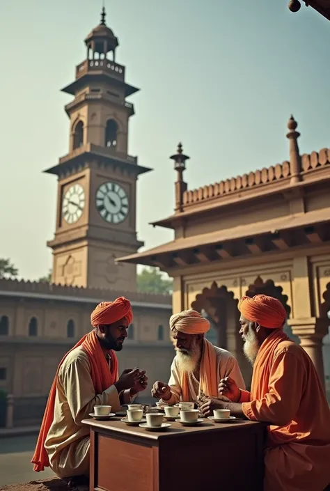 Three hindu men drink tea in tea stall on clock tower in lucknow