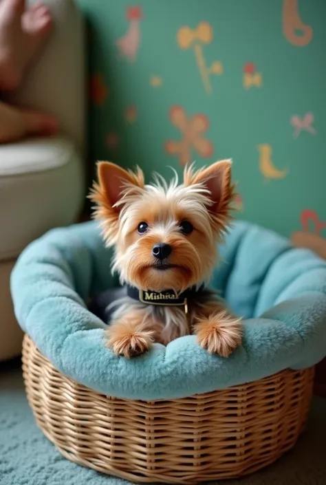 Draw a Yorkshire Terrier puppy sleeping in his cosy basket on a blue soft cushion. His muzzle is resting on his front paws, he is smiling sweetly in his sleep and dreaming of chewing on a bone. There is a collar around the dogs neck with the name Mishka on...