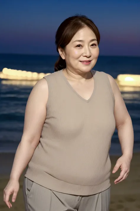 Aunt in Osaka、Organic Photography、best quality、masterpiece、Ultra-high resolution、Beautiful old lady、47 years old、Elegant face，Happy and charming，Smile，Wear a sports vest，Nylon shorts，Show off your plump thighs，Severe sagging breast contour，Hair band、High P...