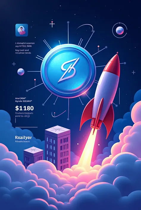 "Digital illustration of Solana (SOL) cryptocurrency price surge. Center: Large Solana logo. Ascending price chart with flag pattern, showing key price points (145$, 180$, 250$). Rocket launching upwards next to chart. Background: Network connections and b...