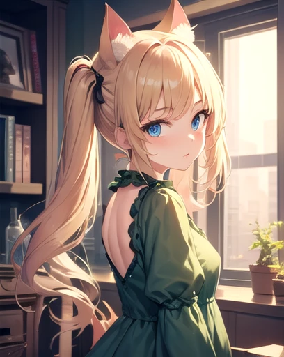 masterpiece, best quality, 1girl, cute interior, green dress, upper body, from side, science fiction, blue eyes, twintails, blond hair, cat ears, looking at viewer,